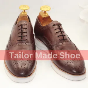 Men's Classic Brown Leather Brogue Shoes with White Sole Versatile Brown Brogue Shoes – Perfect for Formal or Casual Wear
