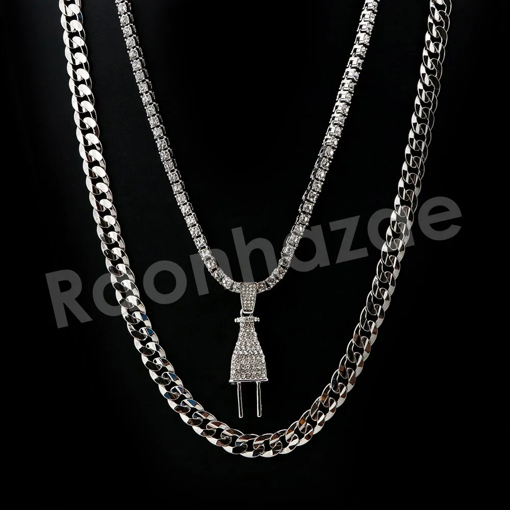 Micro Pave Electric Plug Pendant w/ 18" Tennis / 30" Cuban Chain X1