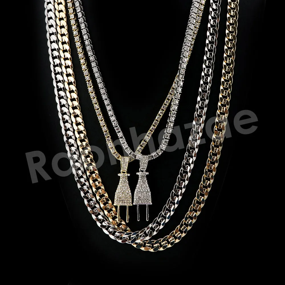 Micro Pave Electric Plug Pendant w/ 18" Tennis / 30" Cuban Chain X1