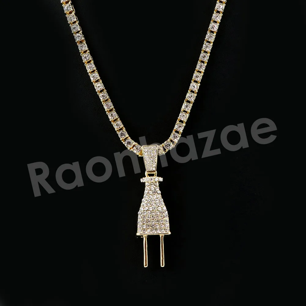 Micro Pave Electric Plug Pendant w/ 18" Tennis / 30" Cuban Chain X1