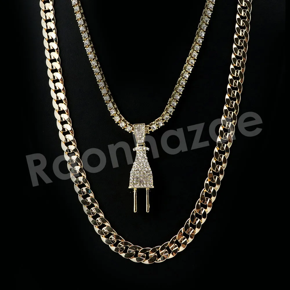 Micro Pave Electric Plug Pendant w/ 18" Tennis / 30" Cuban Chain X1