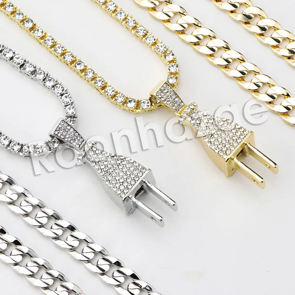 Micro Pave Electric Plug Pendant w/ 18" Tennis / 30" Cuban Chain X1