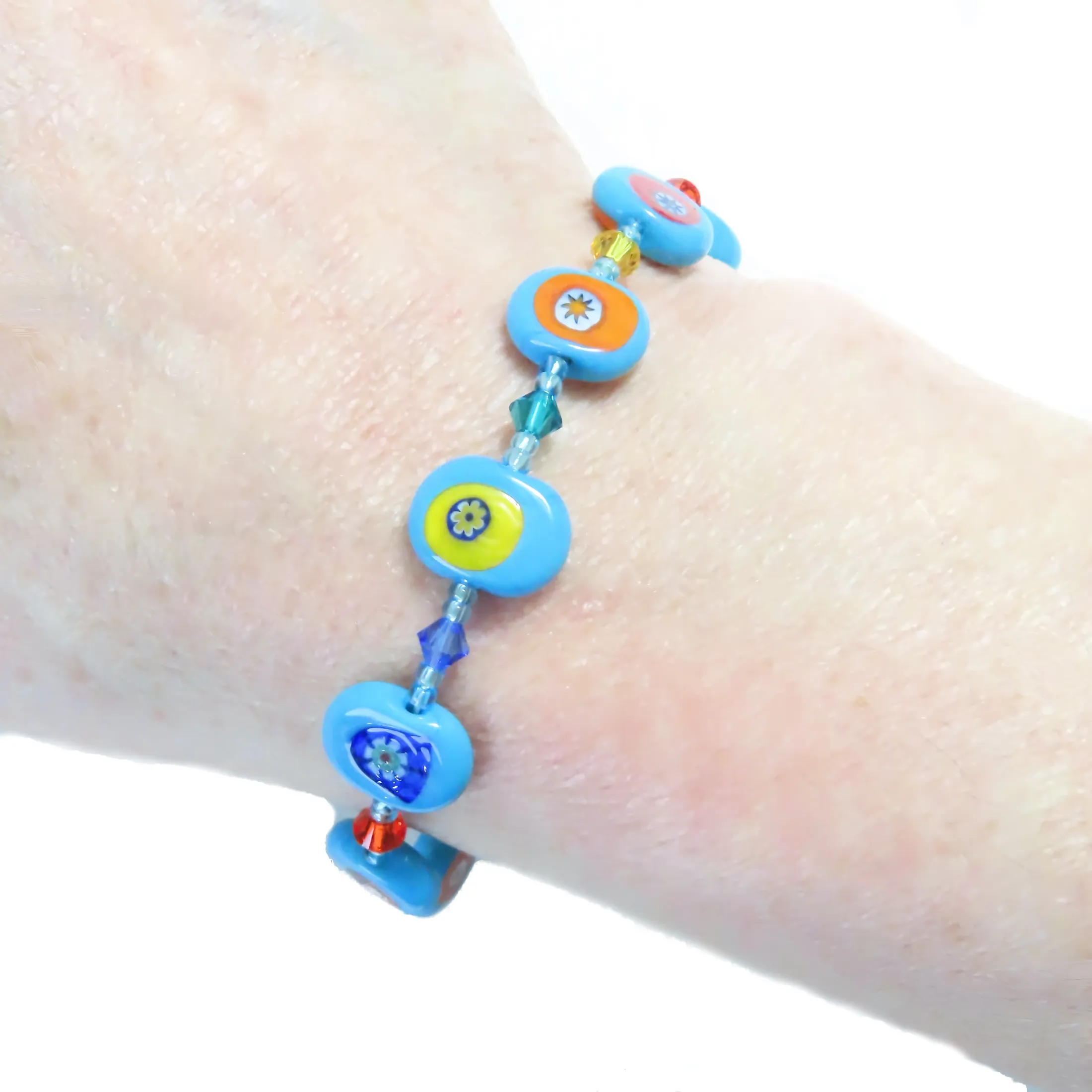 Murano Glass Colorful Millefiori Turquoise Sterling Silver Bracelet
