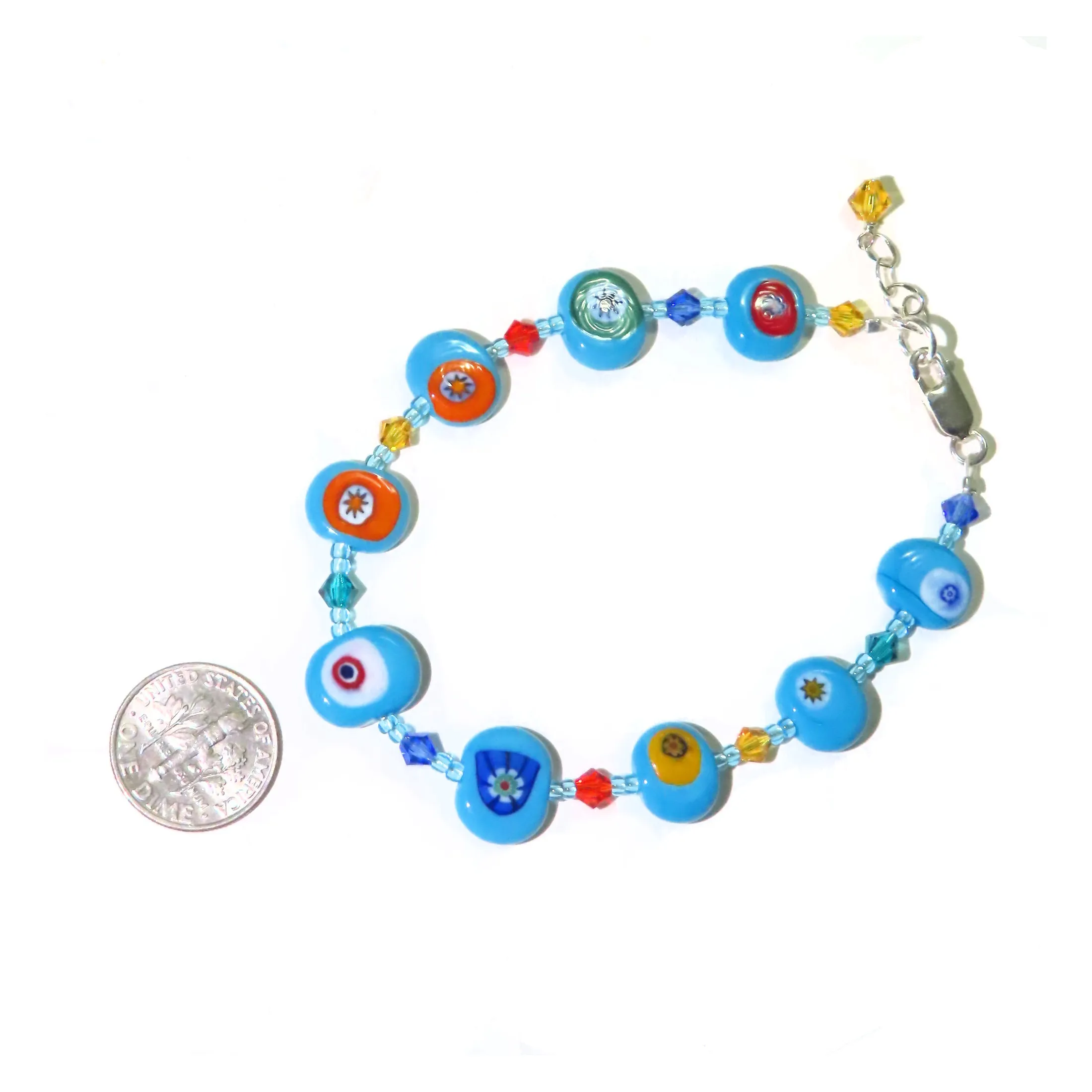 Murano Glass Colorful Millefiori Turquoise Sterling Silver Bracelet