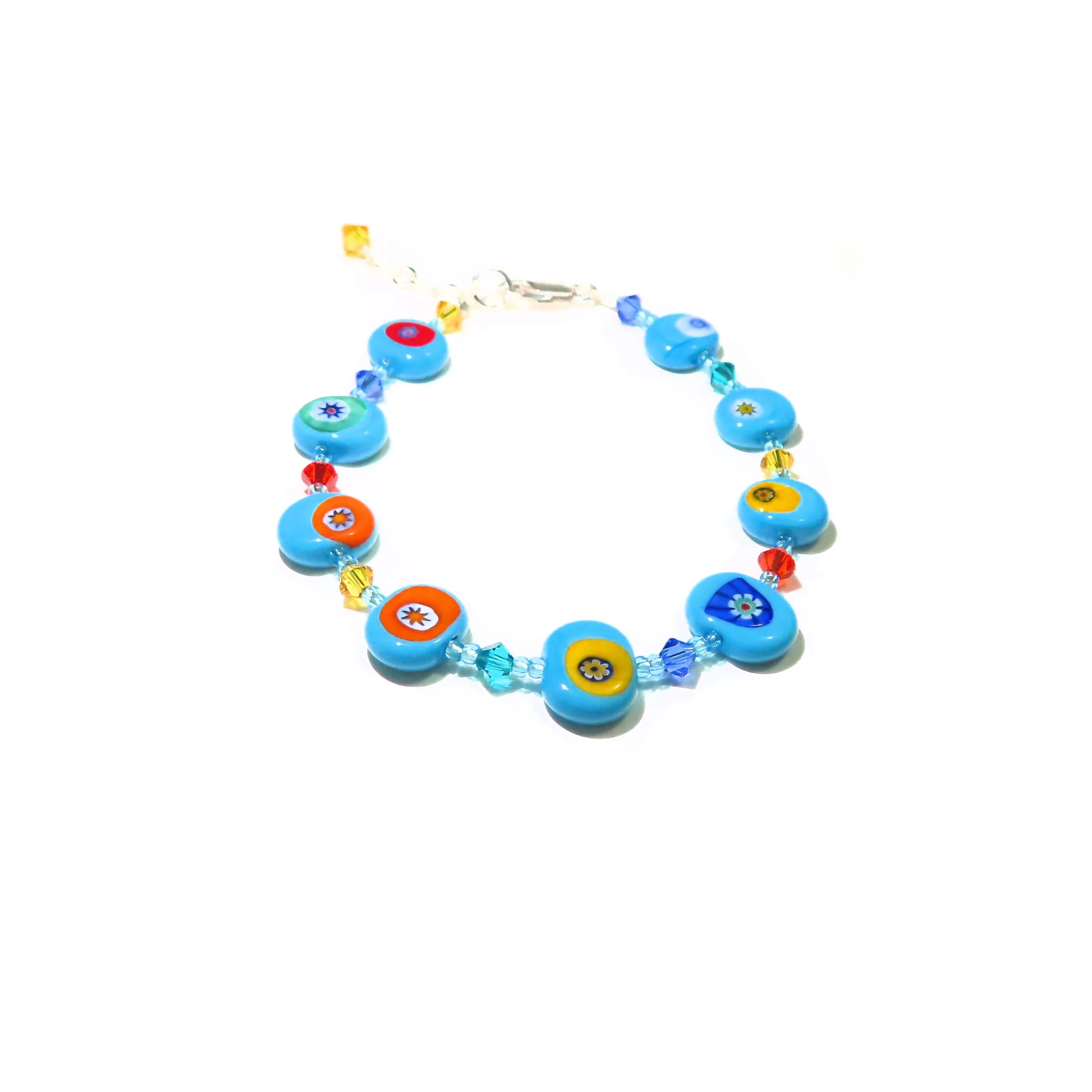 Murano Glass Colorful Millefiori Turquoise Sterling Silver Bracelet