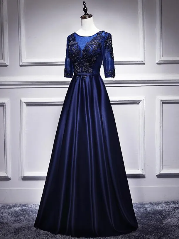 Navy Blue 1/2 Sleeves Satin Long Bridesmaid Dress, A-line Party Gown