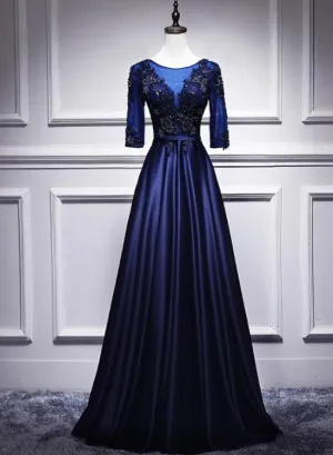 Navy Blue 1/2 Sleeves Satin Long Bridesmaid Dress, A-line Party Gown
