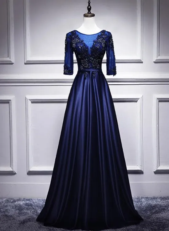 Navy Blue 1/2 Sleeves Satin Long Bridesmaid Dress, A-line Party Gown