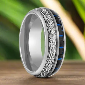 NEBULON | Silver Tungsten Ring, Imitation Meteorite & Blue Carbon Fiber Inlay, Domed