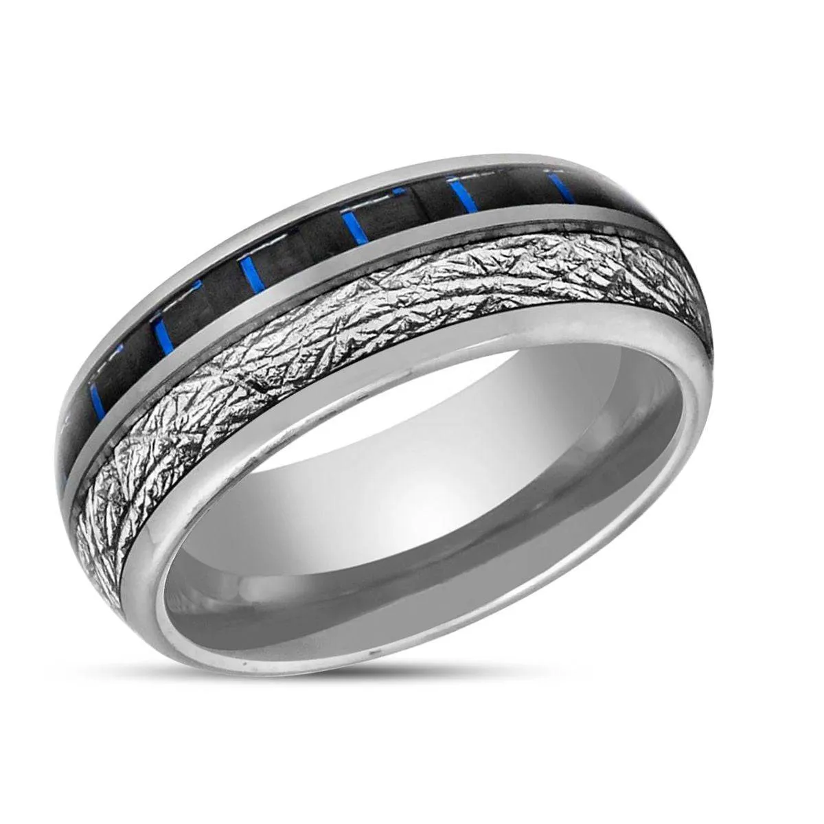 NEBULON | Silver Tungsten Ring, Imitation Meteorite & Blue Carbon Fiber Inlay, Domed