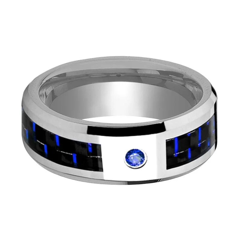 NEPTUNE | Silver Tungsten Ring Blue Sapphire Stone, Black & Blue Carbon Fiber Inlay, Beveled