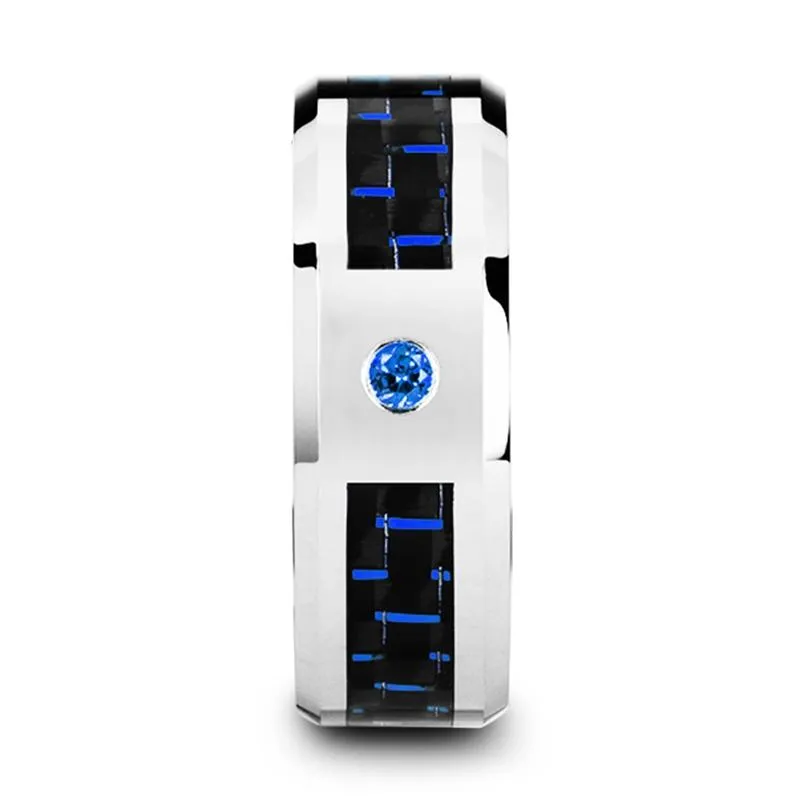 NEPTUNE | Silver Tungsten Ring Blue Sapphire Stone, Black & Blue Carbon Fiber Inlay, Beveled