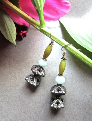 Olive Green and Aqua Pagoda Dangle Earrings
