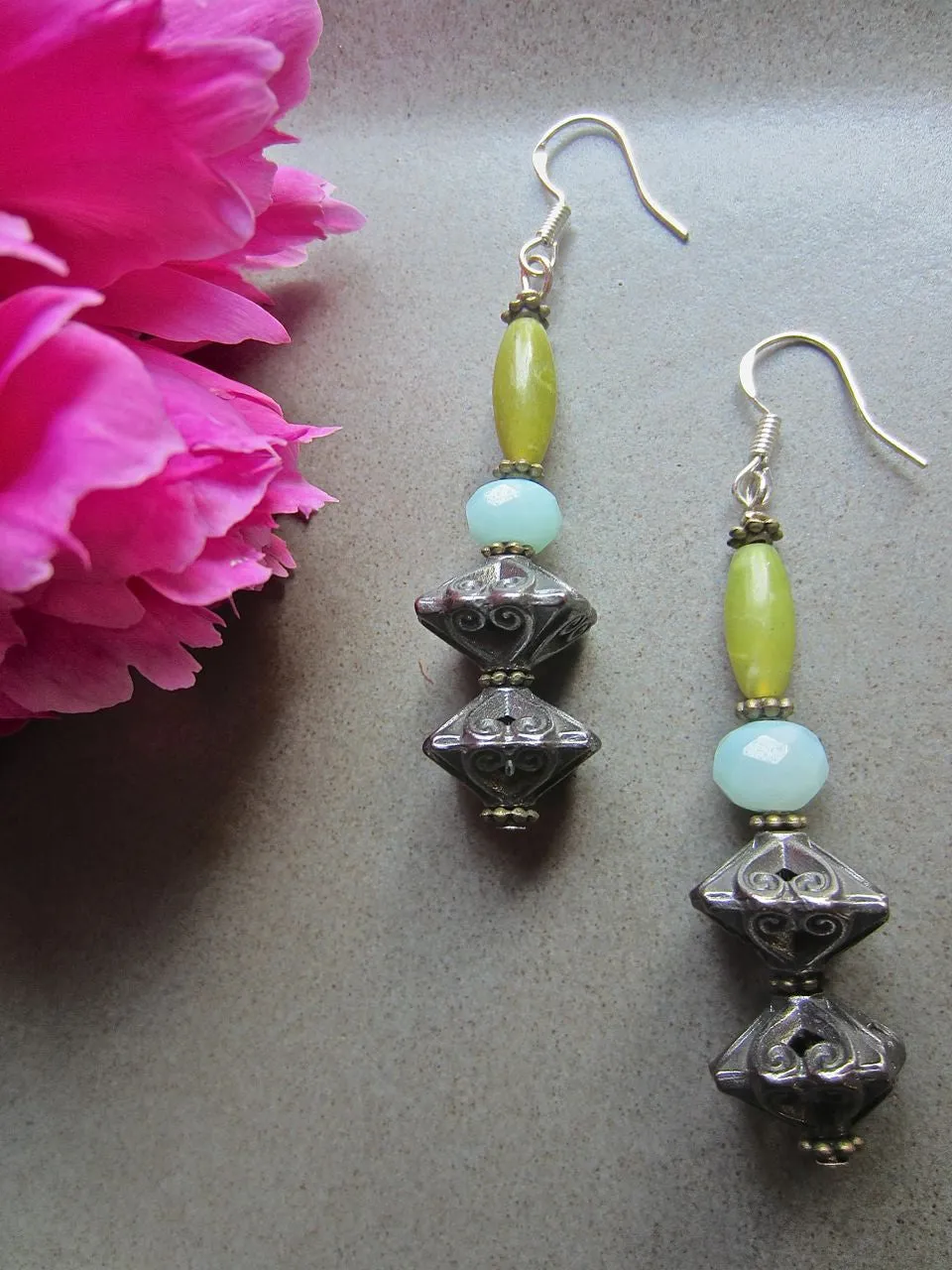 Olive Green and Aqua Pagoda Dangle Earrings