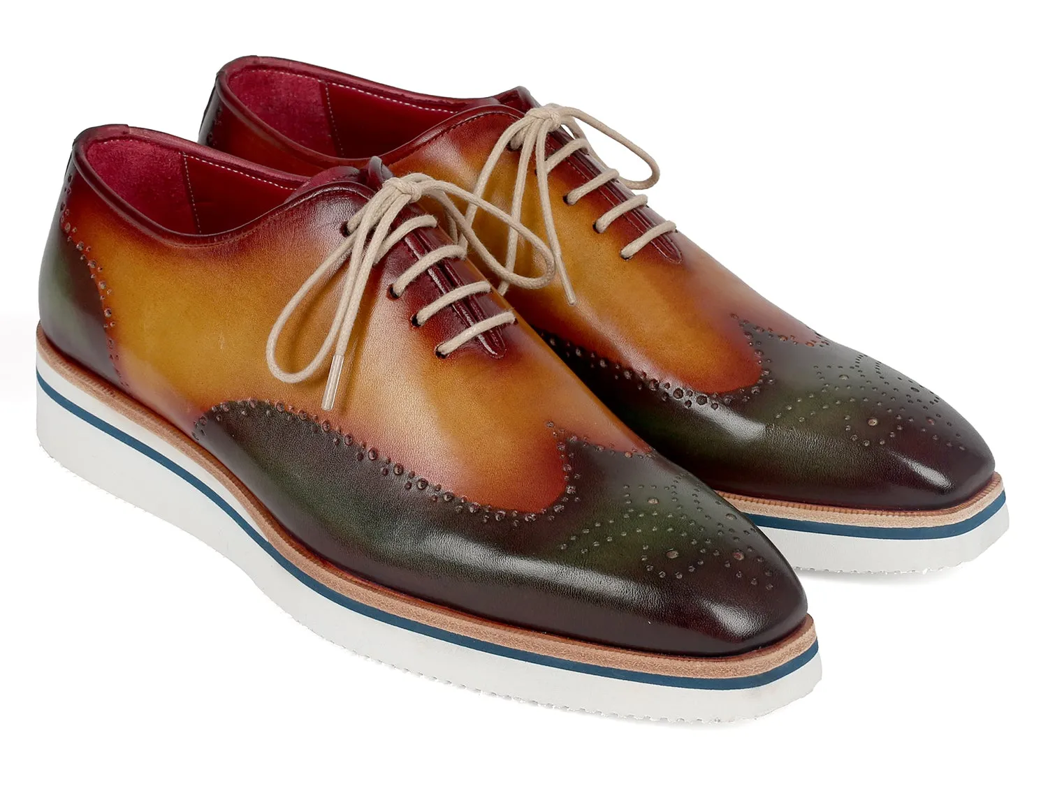 Paul Parkman Men's Smart Casual Wingtip Oxfords in Green & Camel