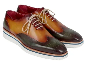 Paul Parkman Men's Smart Casual Wingtip Oxfords in Green & Camel