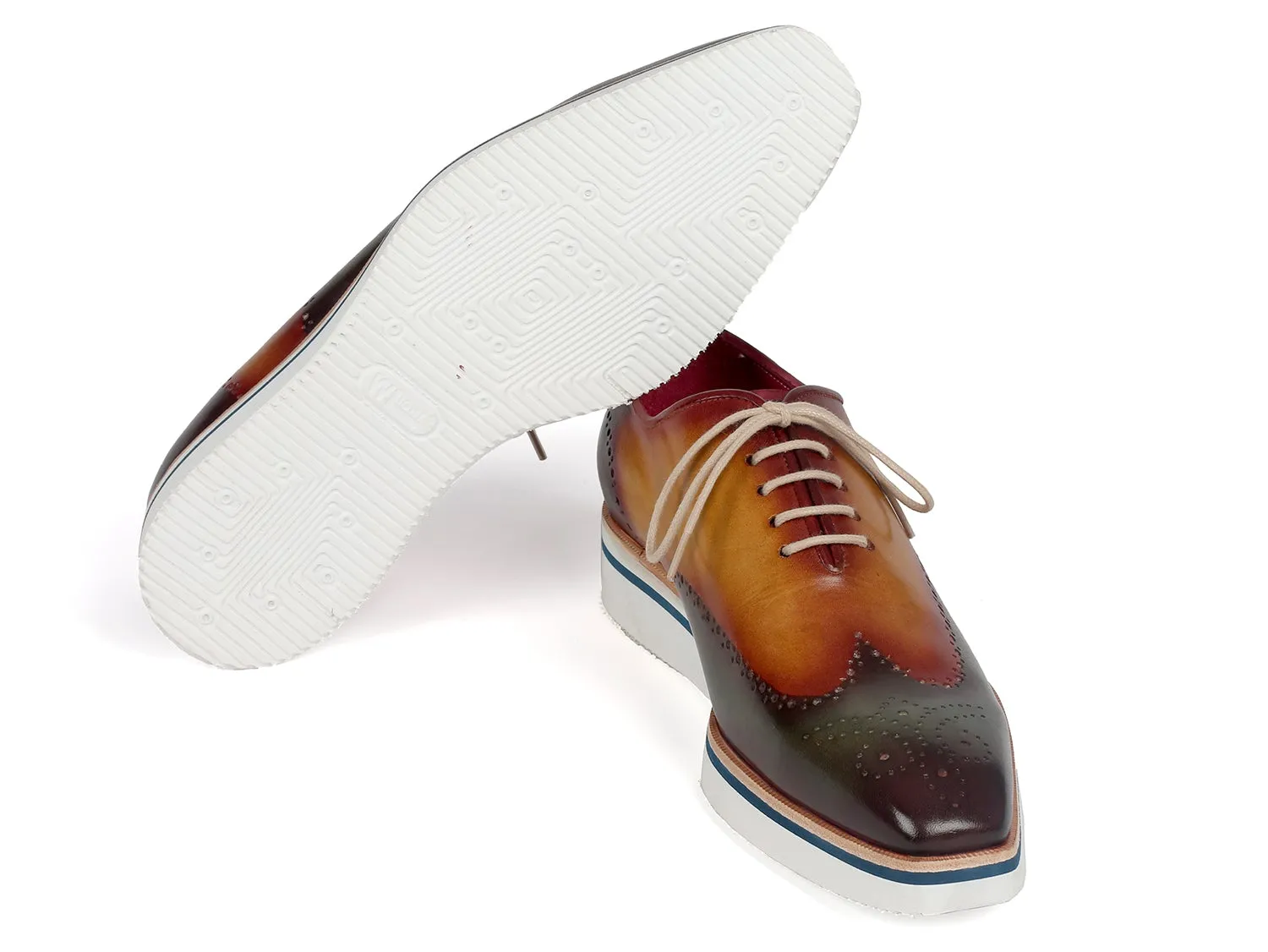 Paul Parkman Men's Smart Casual Wingtip Oxfords in Green & Camel