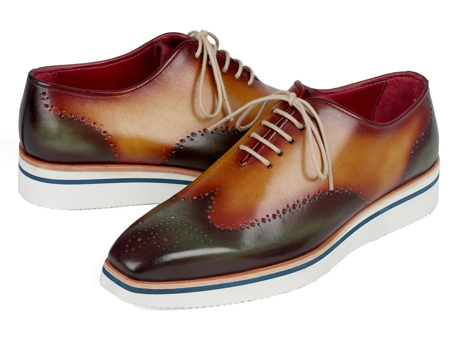 Paul Parkman Men's Smart Casual Wingtip Oxfords in Green & Camel