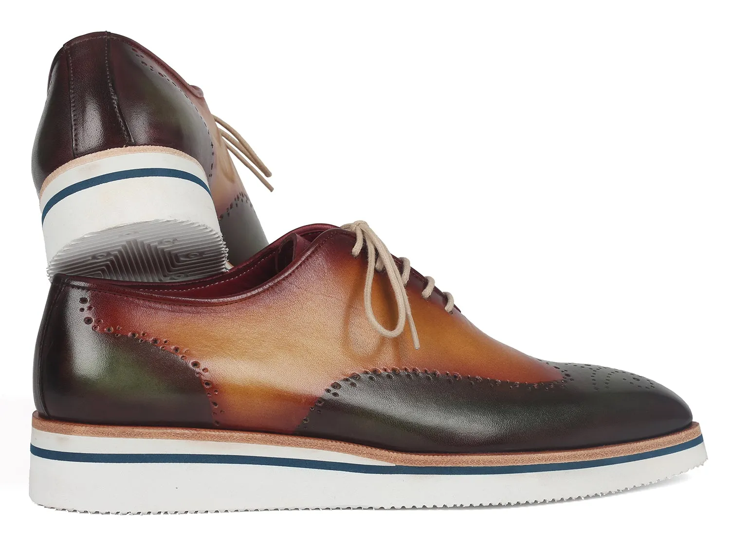 Paul Parkman Men's Smart Casual Wingtip Oxfords in Green & Camel