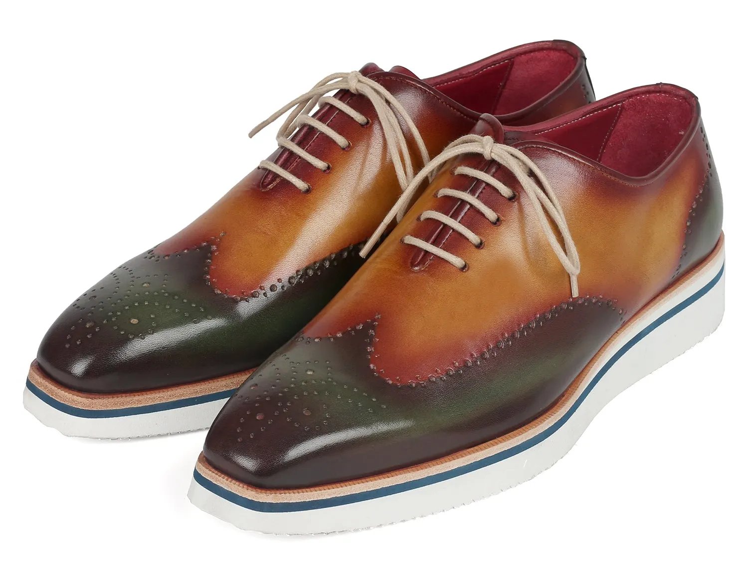 Paul Parkman Men's Smart Casual Wingtip Oxfords in Green & Camel
