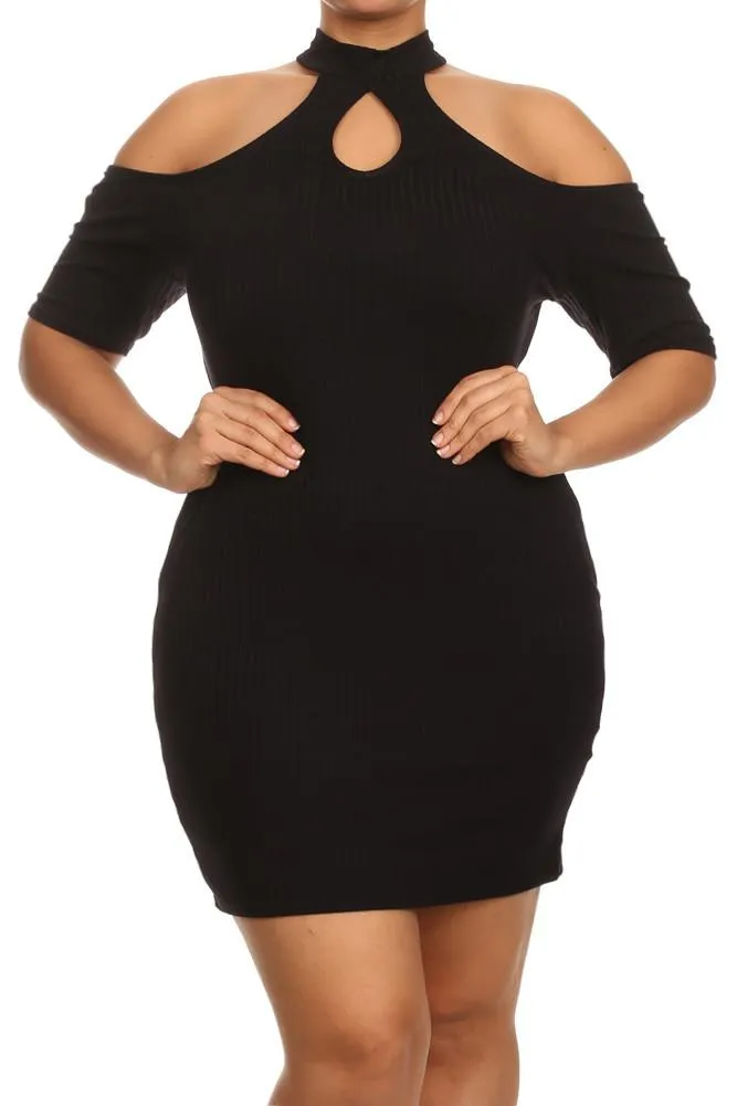 Plus Size High Neck Ribbed Cold Shoulder Bodycon