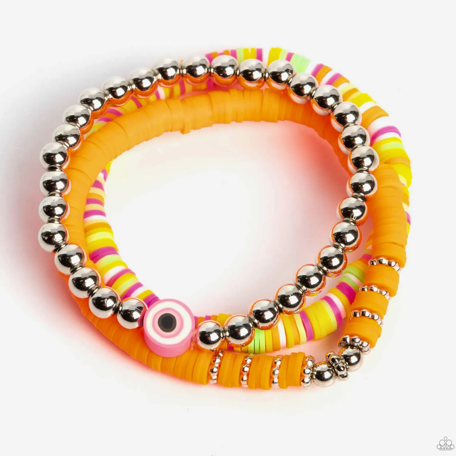 " Sam I Am " Silver Beads, Orange & Multi Color Discs Stretch Bracelets Set of 3