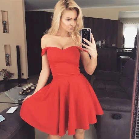 Red Off Shoulder Short Sleeve Satin Homecoming Dresses