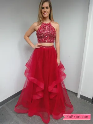 Red Two Piece Embellished Tulle Prom Dress