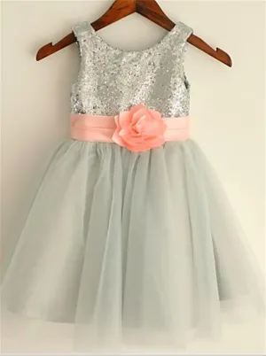 Sequin Tulle Princess Scoop Sleeveless Flower Girl Dresses Tea Length Dress