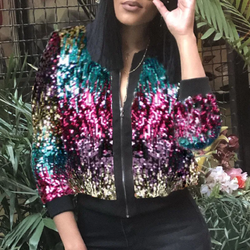 Sequins Colorful Zipper Design Long Sleeve Coat