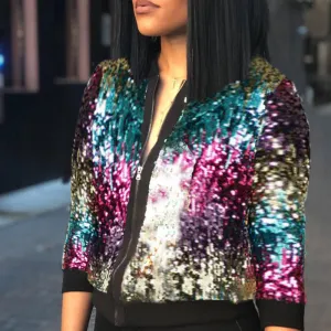 Sequins Colorful Zipper Design Long Sleeve Coat