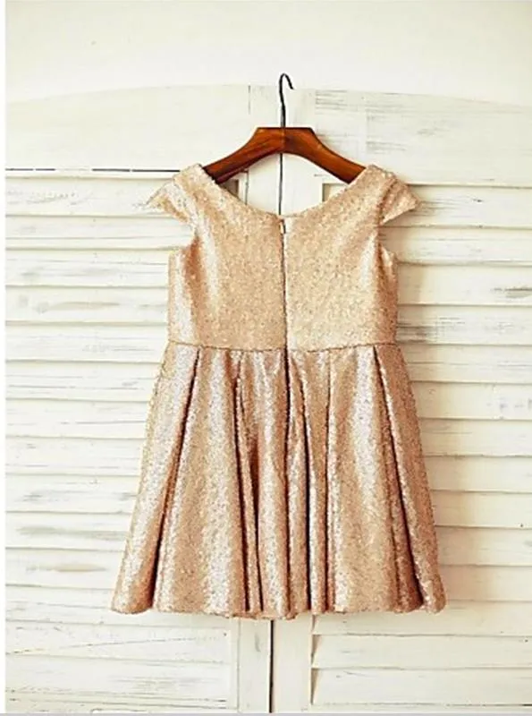 Sequins Princess Scoop Short Sleeves Flower Girl Dresses Tea Length Dress