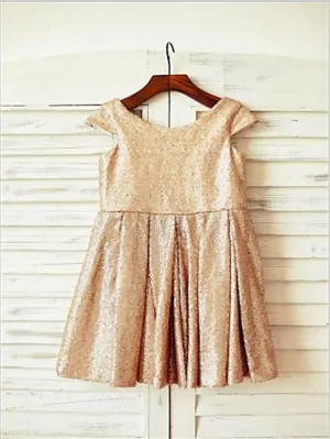 Sequins Princess Scoop Short Sleeves Flower Girl Dresses Tea Length Dress