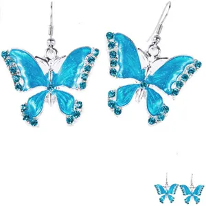 Silver-plated earrings Butterfly blue enamel crystals multi-color metal dangles - 1 pair