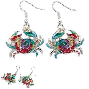 Silver-plated earrings Crab epoxy multi-colors sea ocean metal dangles - 1 pair