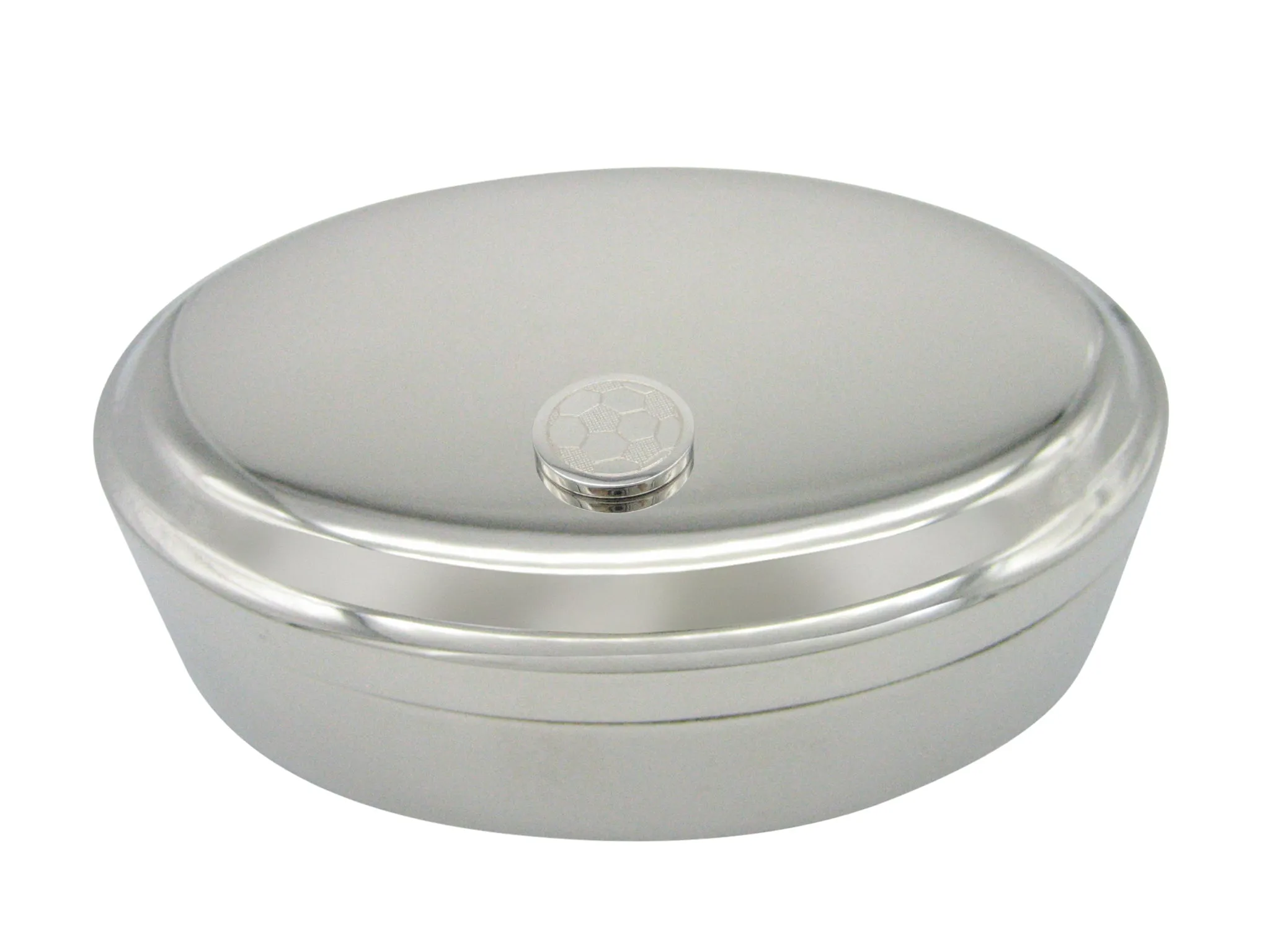Silver Toned Etched Round Soccer Ball Pendant Oval Trinket Jewelry Box