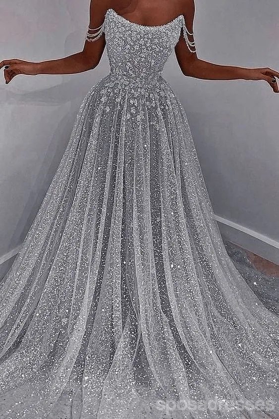 Sparkly Silver A-line Off Shoulder Cheap Maxi Long Prom Dresses,13260