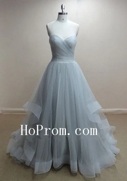 Strapless Grey Prom Dresses,Long Prom Dress,Tulle Evening Dresses