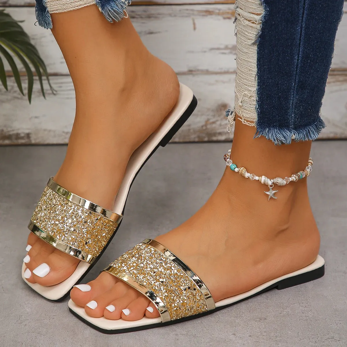Summer Sandals Women Flat Sandals Shoes Female Designer Square Toe Bling Luxury Slippers Women Shoes for Women