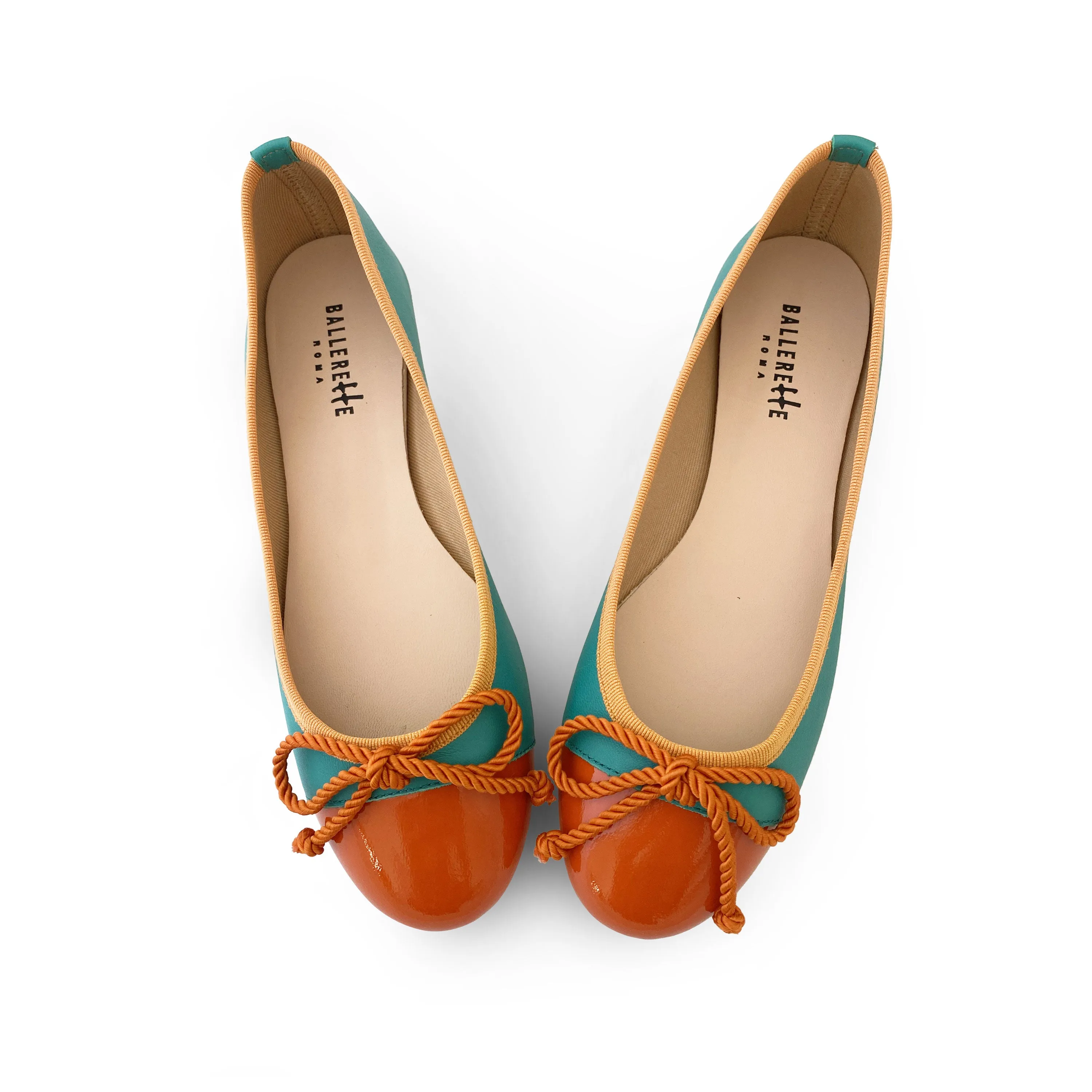 Teal leather ballet flats with orange toe and bow