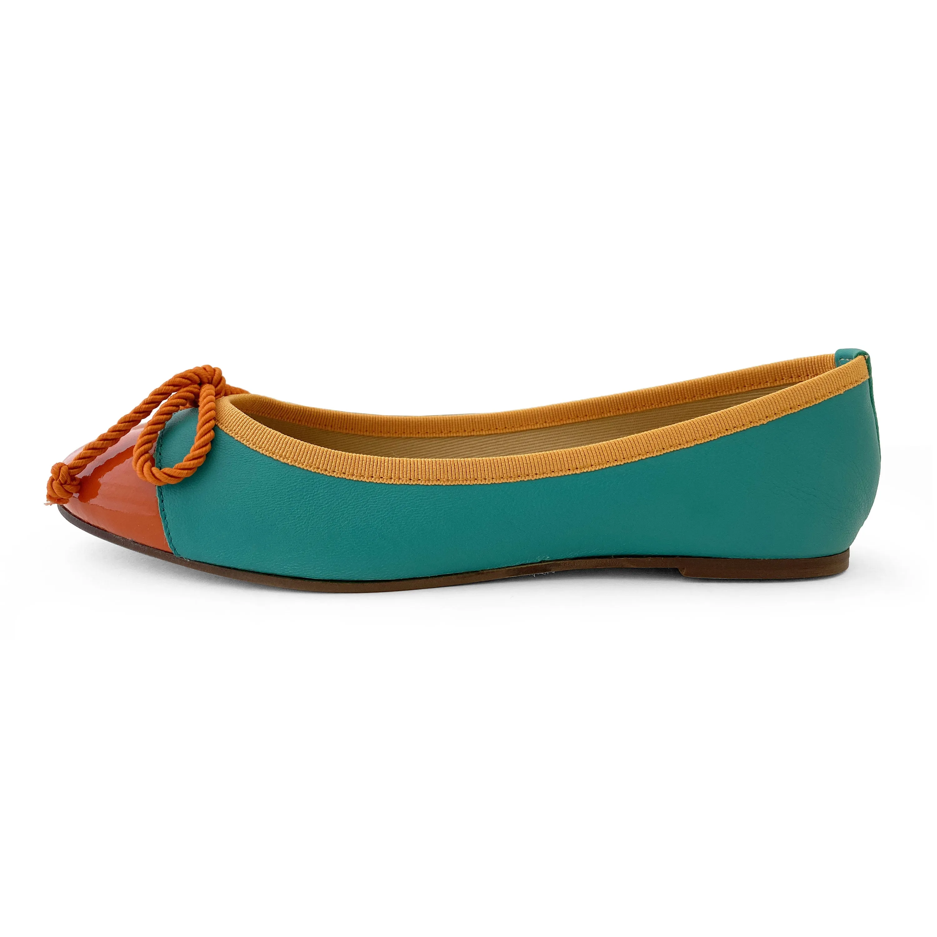 Teal leather ballet flats with orange toe and bow