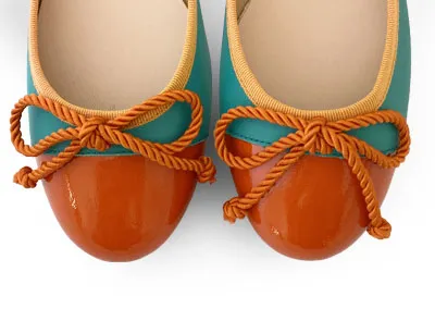 Teal leather ballet flats with orange toe and bow