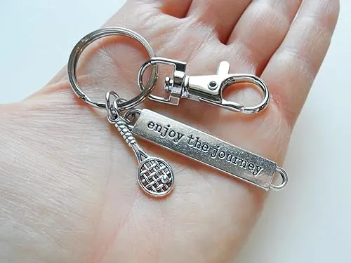 Tennis Charm Keychain with Tennis Racquet Charm, Enjoy the Journey Charm & Swivel Clasp; Graduate Keychain, Tennis Player or Coach Keychain