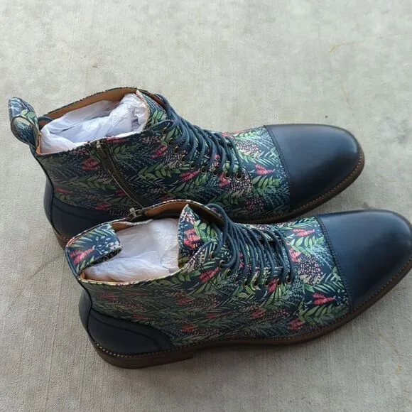 Thatcher Finch Men's Blue Floral Patterned Luxury Derby Dress Boots Size 9