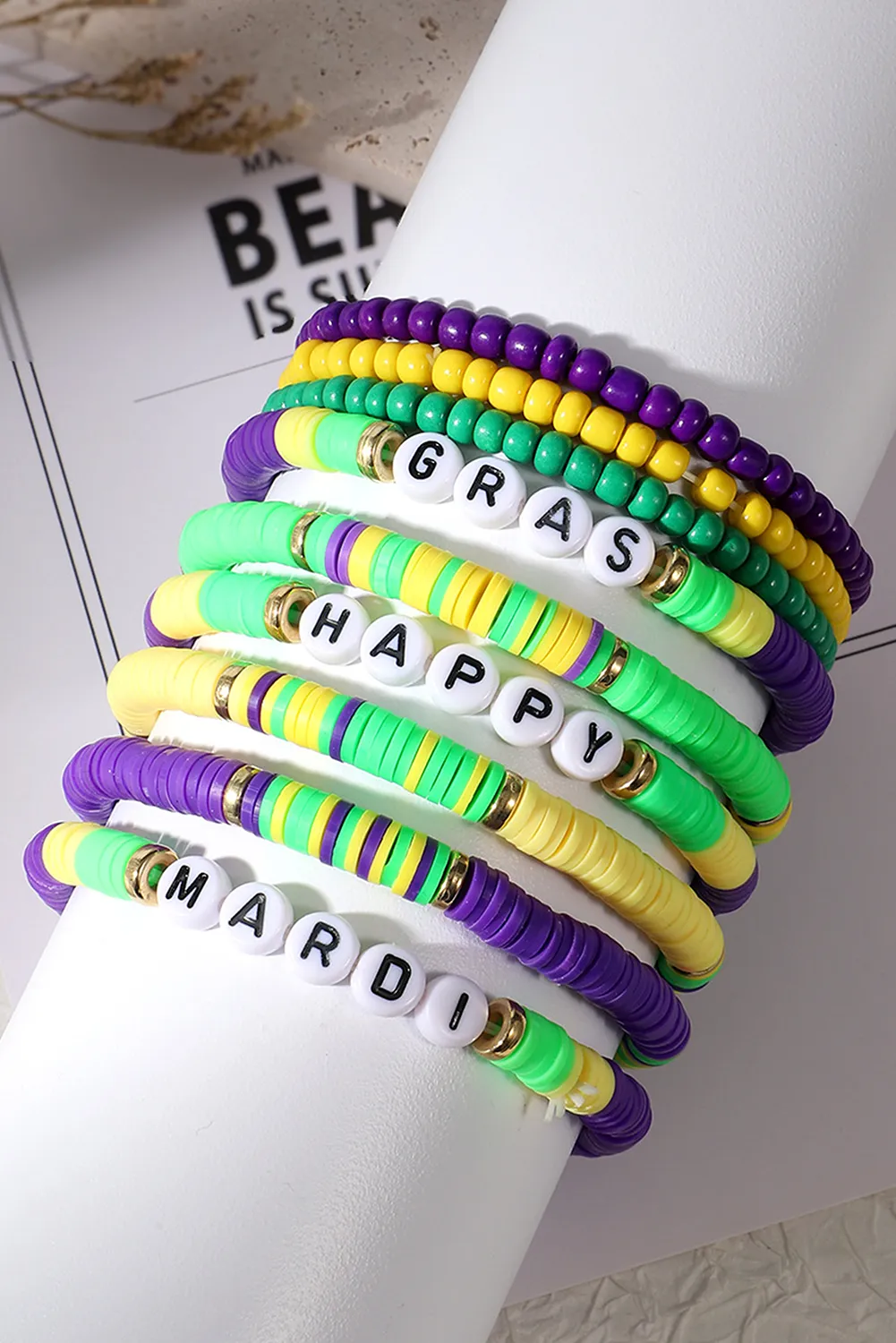 Tillandsia Purple Happy Mardi Gras Beaded Layered Bracelet Set
