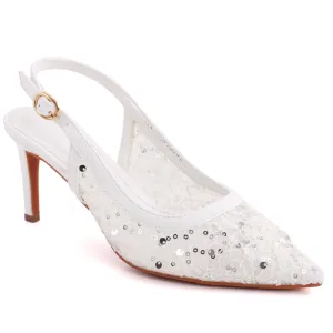 Women “ELDORA” Sling Buckle Strap Closed Toe Sequins Designed Net Stiletto Heel Sandals