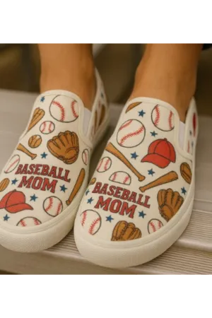 Women's Baseball Themed Canvas Slip-On Sneakers Imprinted with Baseball Images